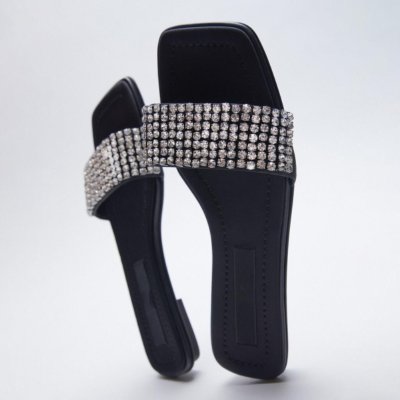 Square toed open heeled flat slippers for outer wear New word belt Rhinestone flat sandals